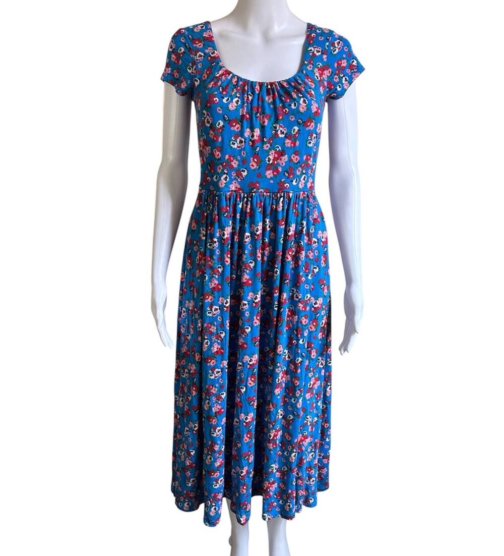 Boden Samantha Jersey Midi Dress Blue Floral Fit Flare Pockets Size 4 Cottage